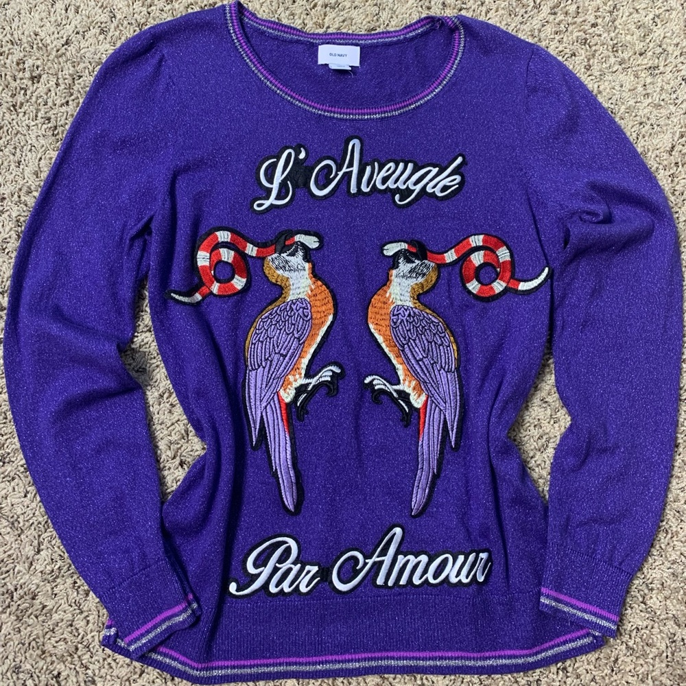 OLD NAVY  Glittery Scoop Neck Sweeter Or Blouse Snakes And Birds Appliqué EUC M